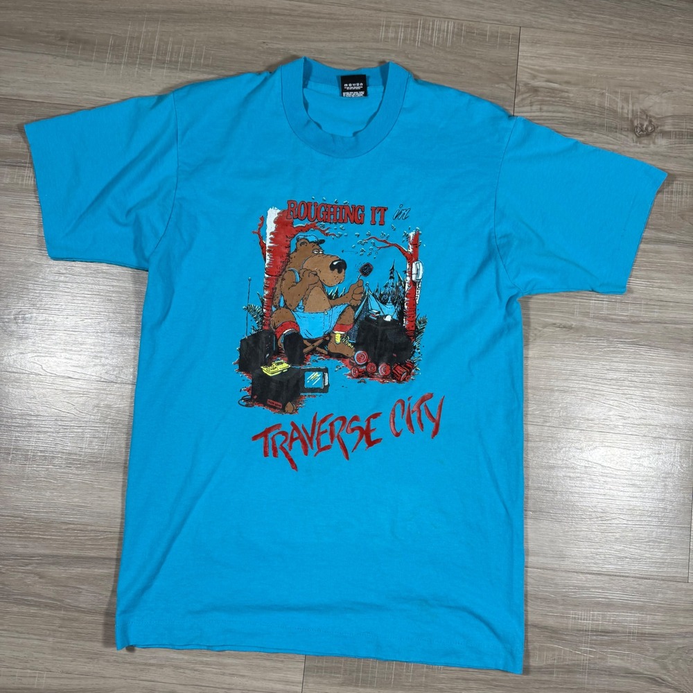 Vintage Screen Stars Traverse City Roughing It Cartoon Bear T Shirt Large Blue L